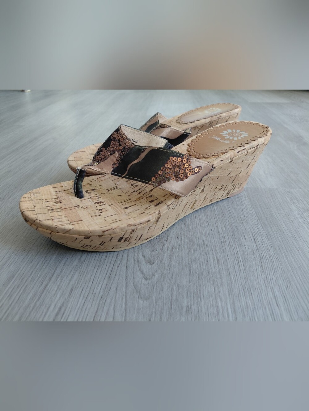 Yellow Box Brown Sequin Wedge Thong Sandals